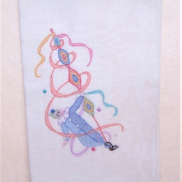Vintage Embroidered Cotton Hanky - Pierrot Jester Clown with Flag Pole - Picture 2 of 4